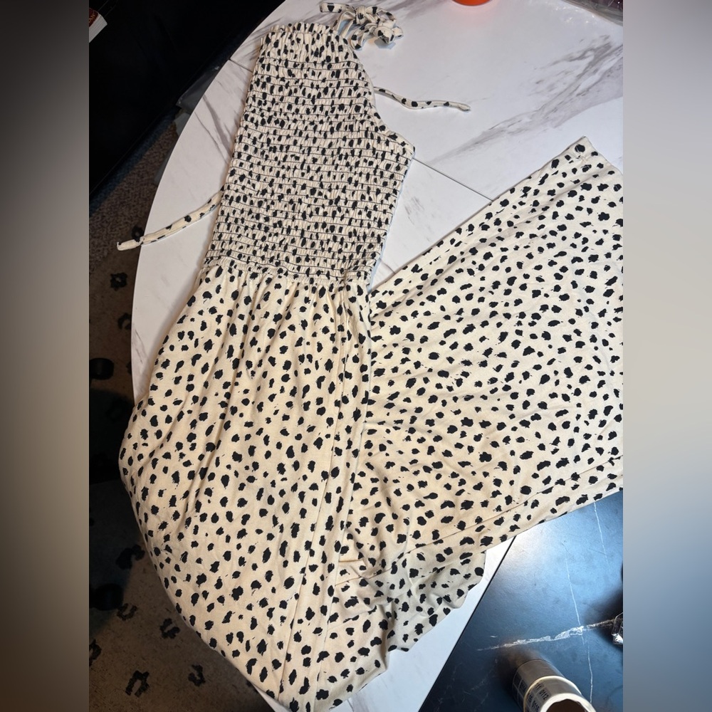 Pact Cream Smocked Spaghetti-Strap Wide-Leg Jumpsuit with Leopard Dot - Picture 3 of 7